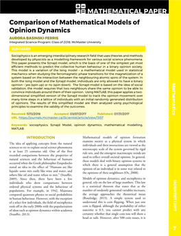Comparison of Mathematical Models of Opinion Dynamics AURORA BASINSKI-FERRIS Integrated Science Program, Class of 2018, Mcmaster University