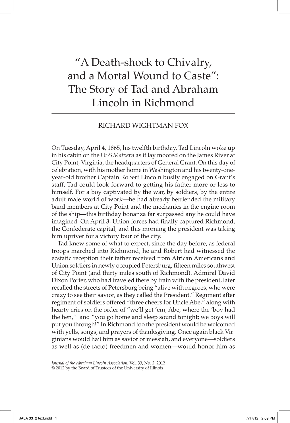 “A Death-Shock to Chivalry, and a Mortal Wound to Caste”: the Story of Tad and Abraham Lincoln in Richmond