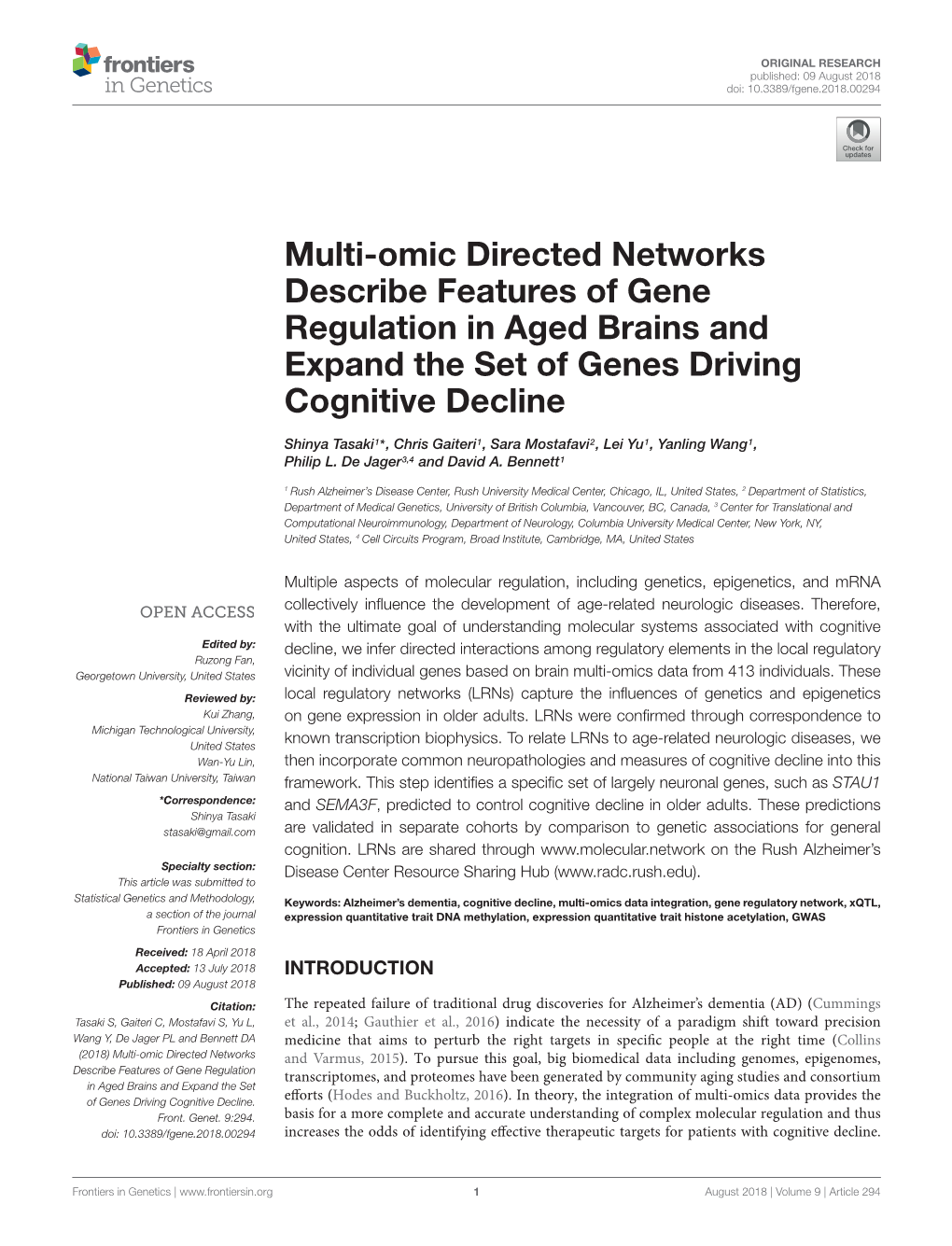 Multi-Omic Directed Networks Describe Features of Gene Regulation in Aged Brains and Expand the Set of Genes Driving Cognitive Decline