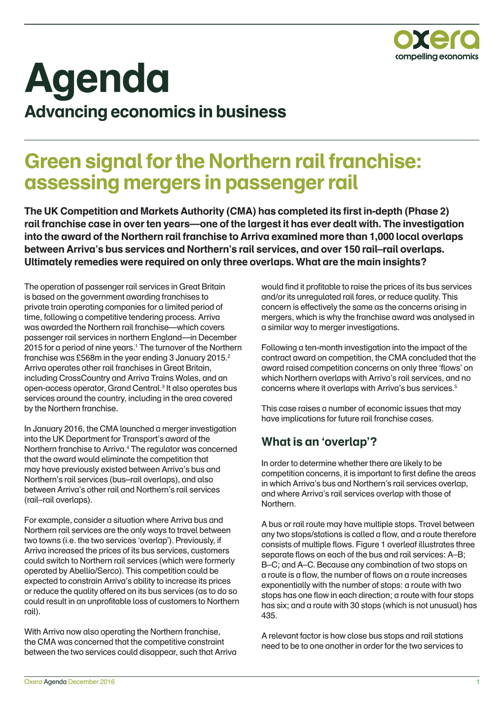 Green Signal for the Northern Rail Franchise: Assessing Mergers in Passenger Rail