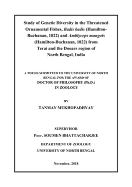 Study of Genetic Diversity in the Threatened Ornamental Fishes, Badis Badis (Hamilton- Buchanan, 1822) and Amblyceps Mangois (H