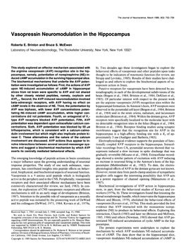 Vasopressin Neuromodulation in the Hippocampus