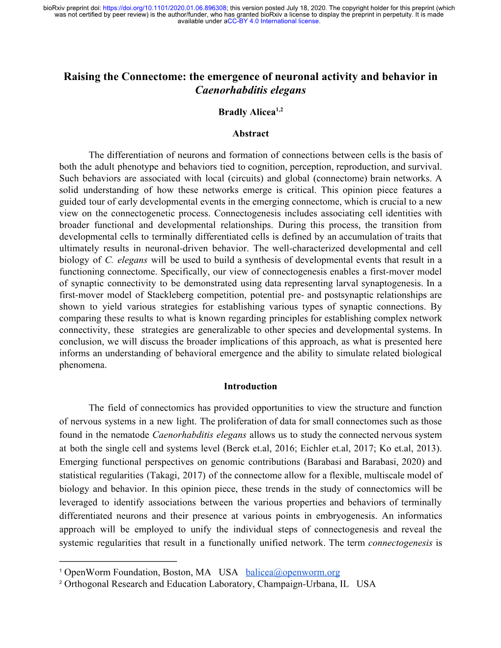 Raising the Connectome: the Emergence of Neuronal Activity and Behavior in Caenorhabditis Elegans