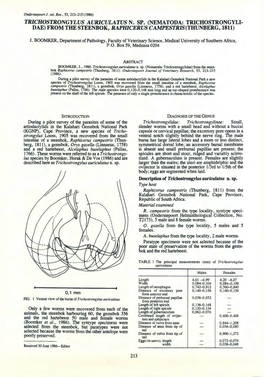 Trichostrongylus Auriculatus N. Sp. (Nematoda: Trichostrongyli- Dae) from the Steenbok, Rapwcerus Campestris(Thunberg, 1811)