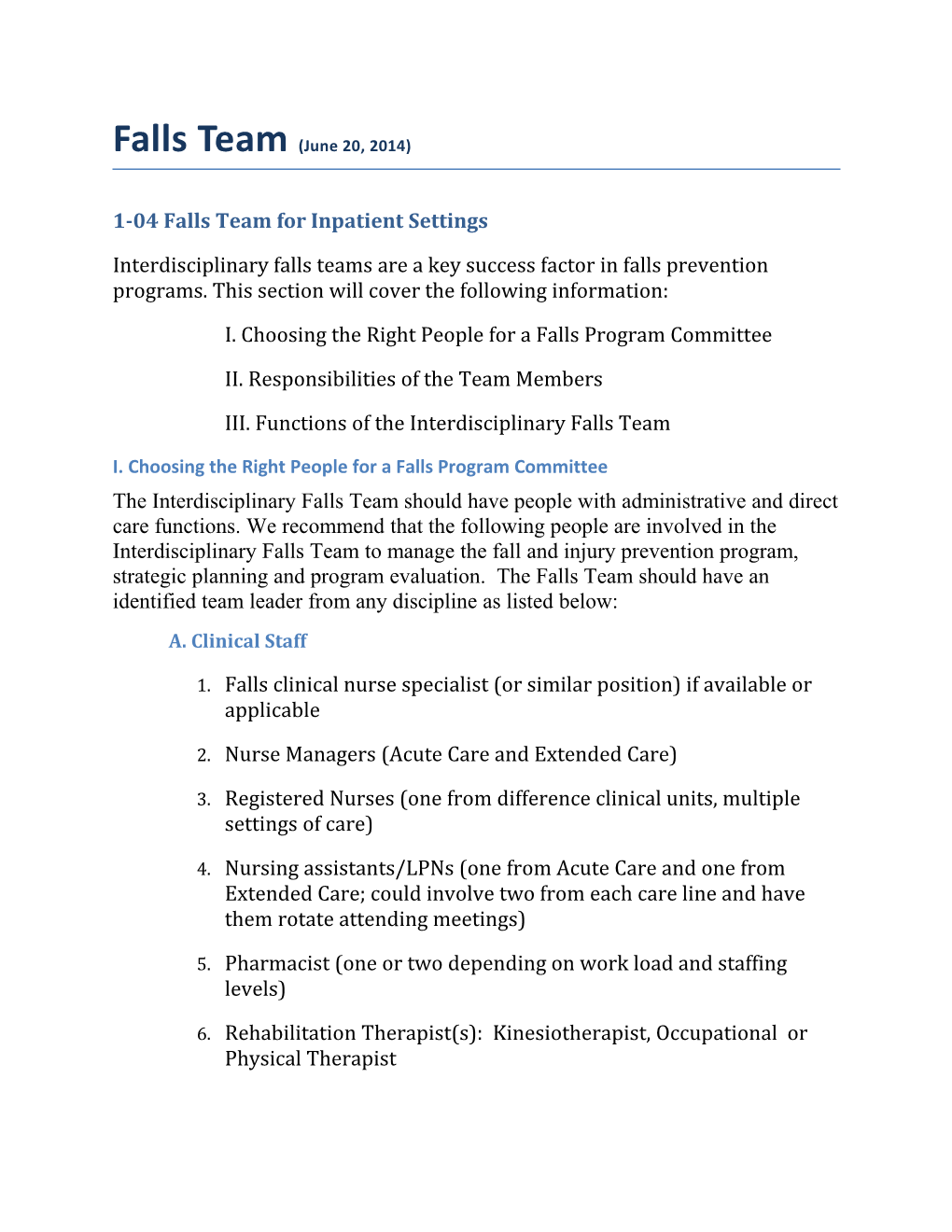 1-04 Falls Team for Inpatient Settings