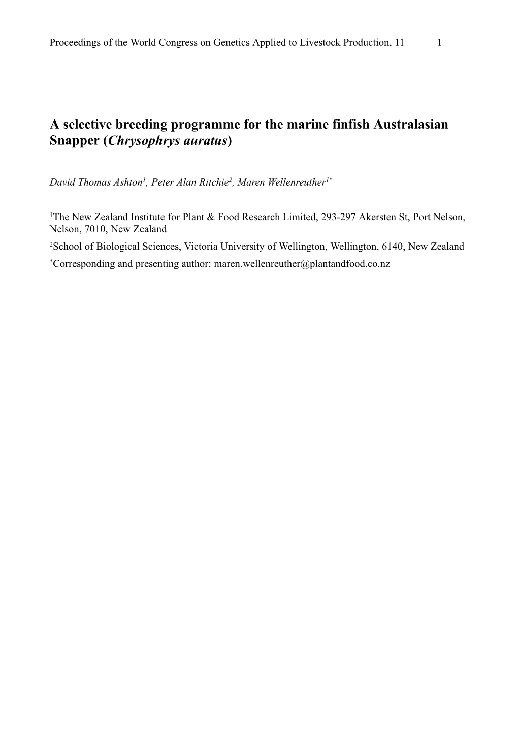 A Selective Breeding Programme for the Marine Finfish Australasian Snapper (Chrysophrys Auratus)
