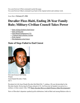 Duvalier Flees Haiti, Ending 28-Year Family Rule; Military-Civilian Council Takes Power