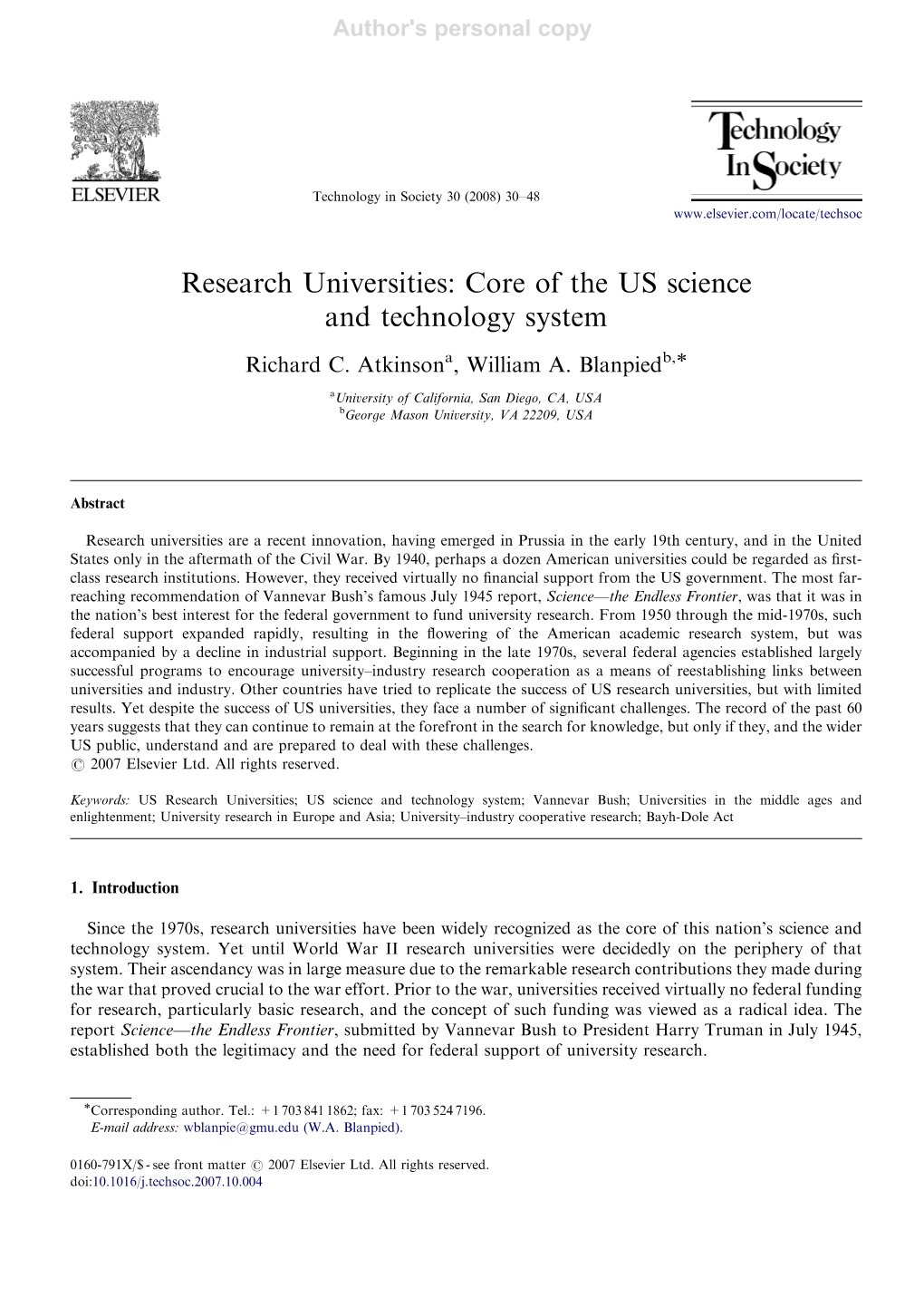 Research Universities: Core of the US Science and Technology System