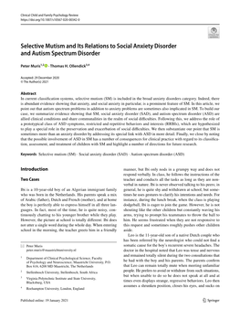 Selective Mutism and Its Relations to Social Anxiety Disorder and Autism Spectrum Disorder
