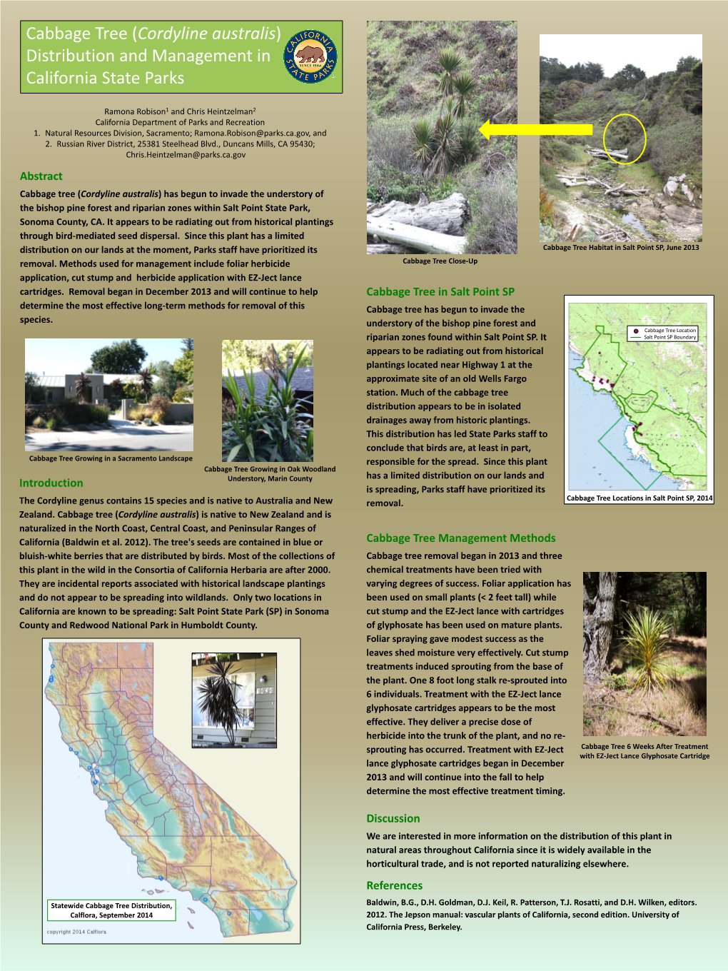 Cabbage Tree (Cordyline Australis) Distribution and Management in California State Parks
