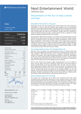 Next Entertainment World (160550 KQ) Descendants of the Sun to Help Cushion Earnings