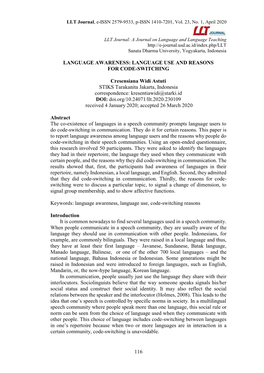 116 LANGUAGE AWARENESS: LANGUAGE USE and REASONS for CODE-SWITCHING Cresensiana Widi Astuti STIKS Tarakanita Jakarta, Indonesia