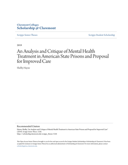 An Analysis and Critique of Mental Health Treatment in American State Prisons and Proposal for Improved Care Shelby Hayne