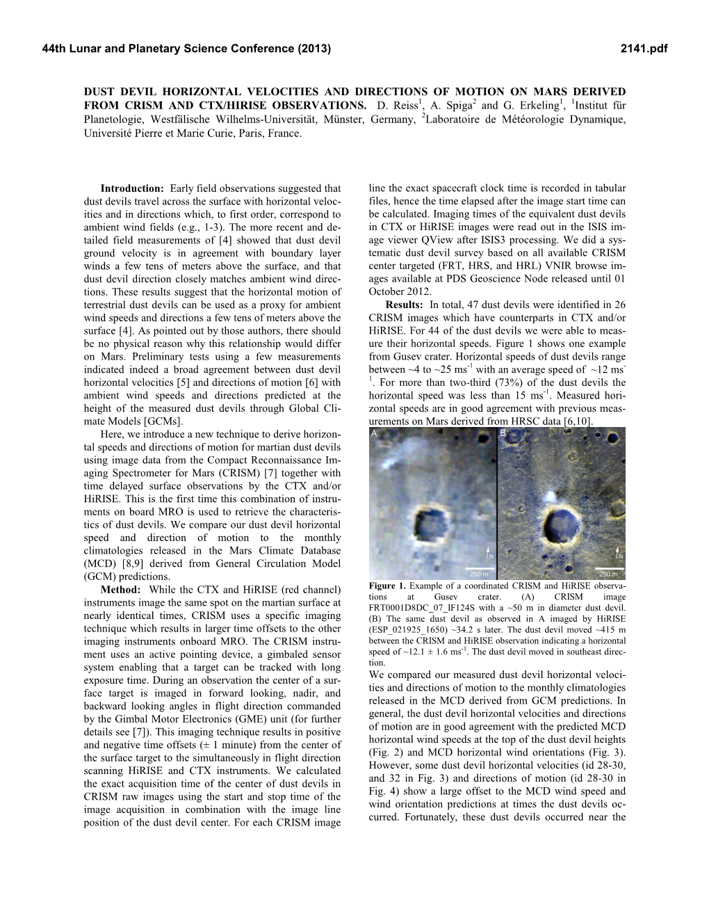 Dust Devil Horizontal Velocities and Directions of Motion on Mars Derived from Crism and Ctx/Hirise Observations