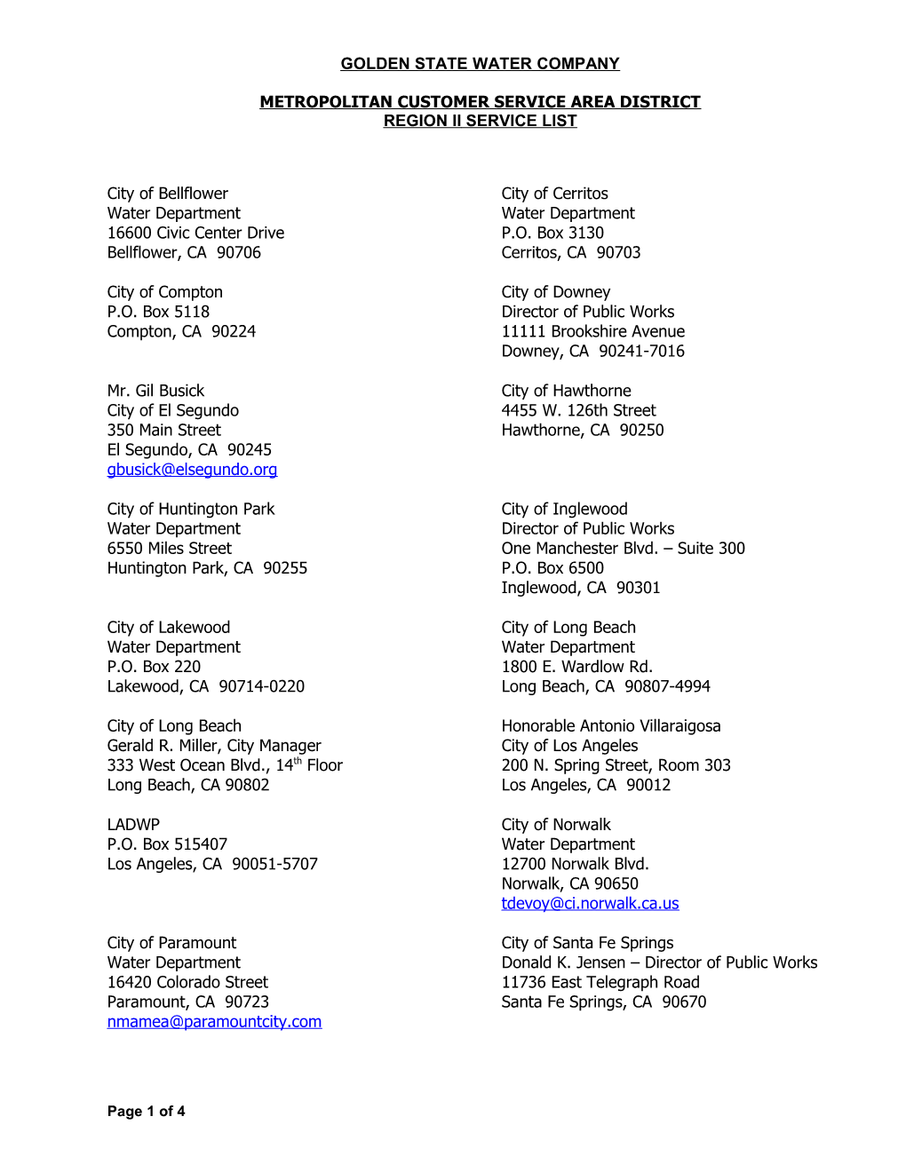 Southern California Water Company (REGION II SERVICE LIST)