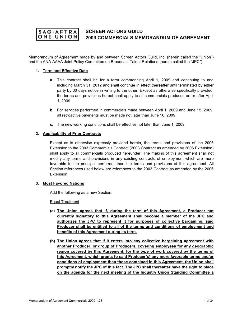 Screen Actors Guild 2009 Commercials Memorandum of Agreement