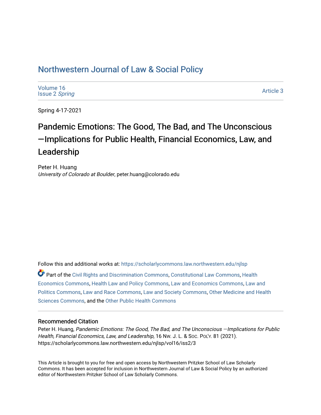 Pandemic Emotions: the Good, the Bad, and the Unconscious —Implications for Public Health, Financial Economics, Law, and Leadership