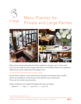 Menu Planner for Private and Large Parties