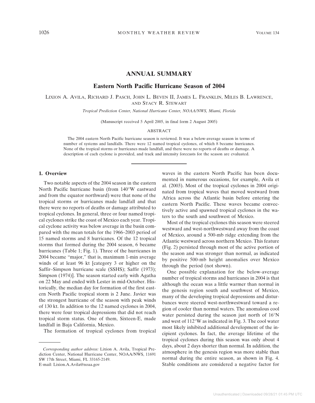 ANNUAL SUMMARY Eastern North Pacific Hurricane Season of 2004