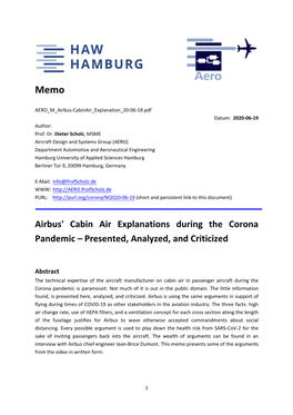 Airbus' Cabin Air Explanations During the Corona Pandemic – Presented, Analyzed, and Criticized