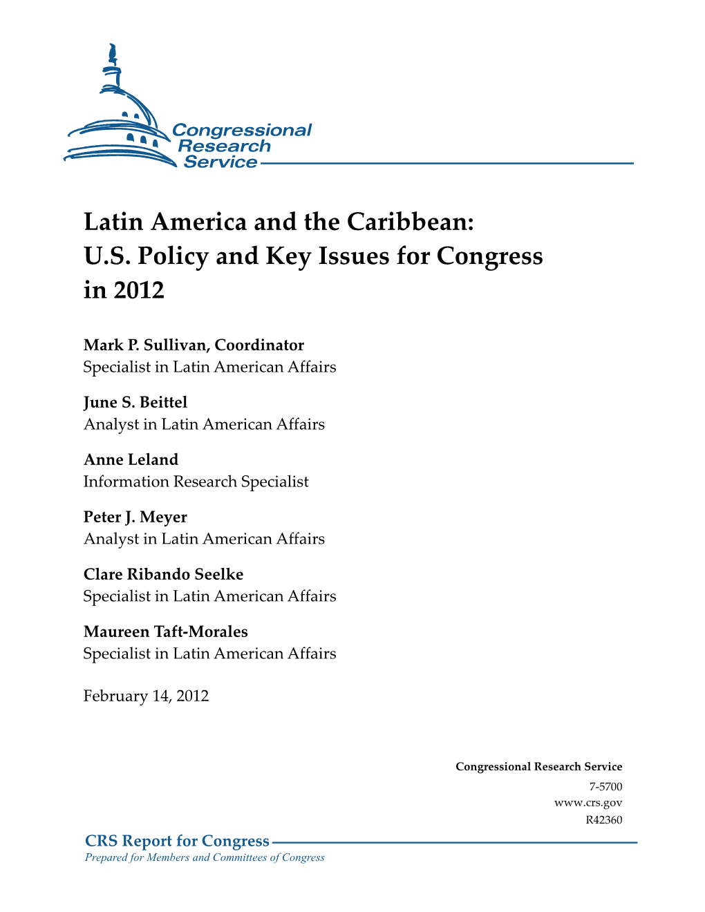 Latin America and the Caribbean: U.S. Policy and Key Issues for Congress in 2012