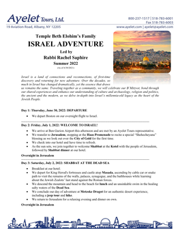 ISRAEL ADVENTURE Led by Rabbi Rachel Saphire Summer 2022 (As of 6/30/2021)