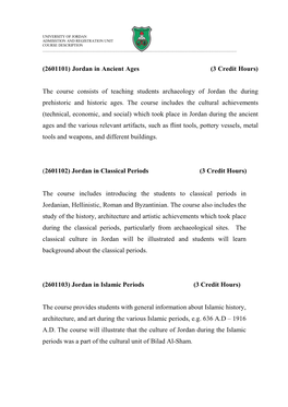 (2601101) Jordan in Ancient Ages (3 Credit Hours) the Course Consists