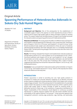 Spawning Performance of Heterobranchus Bidorsalis in Sokoto Dry Sub Humid Nigeria