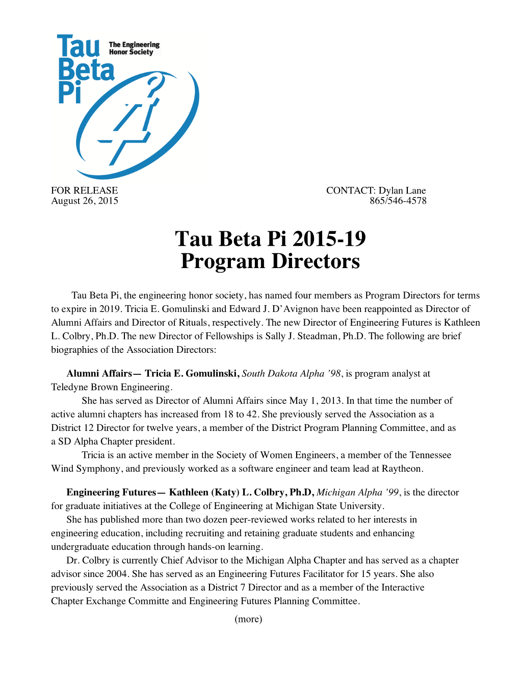 Tau Beta Pi 2015-19 Program Directors