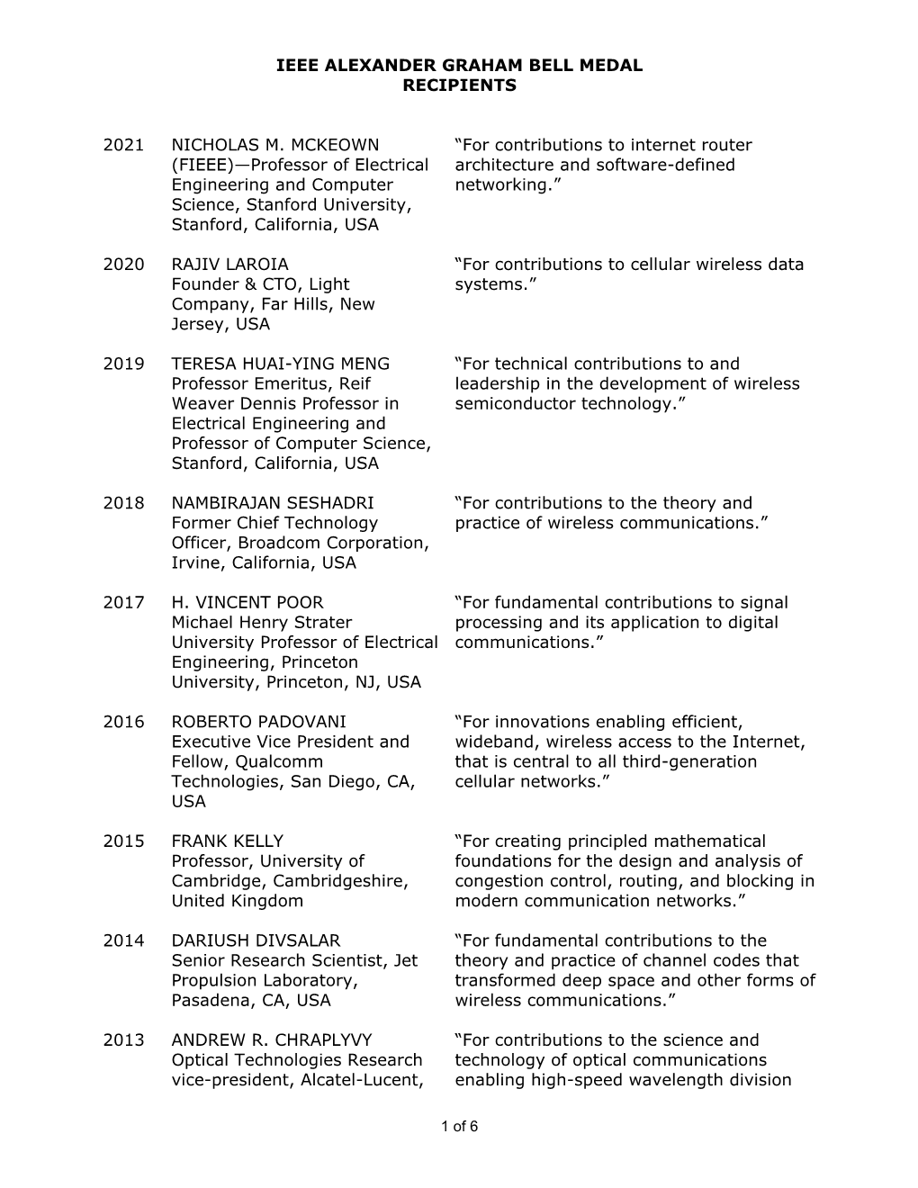 Ieee Alexander Graham Bell Medal Recipients