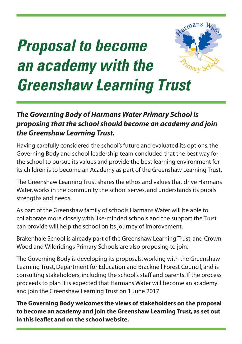 Proposal to Become an Academy with the Greenshaw Learning Trust