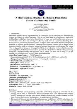 A Study on Infra-Structure Facilities in Dhandhuka Taluka of Ahmedabad District