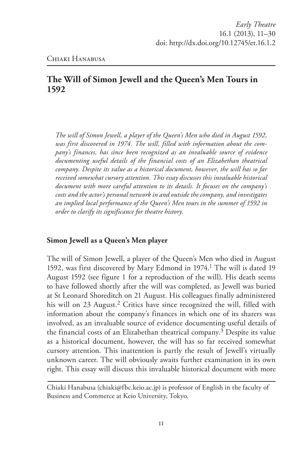 The Will of Simon Jewell and the Queenâ•Žs Men Tours in 1592