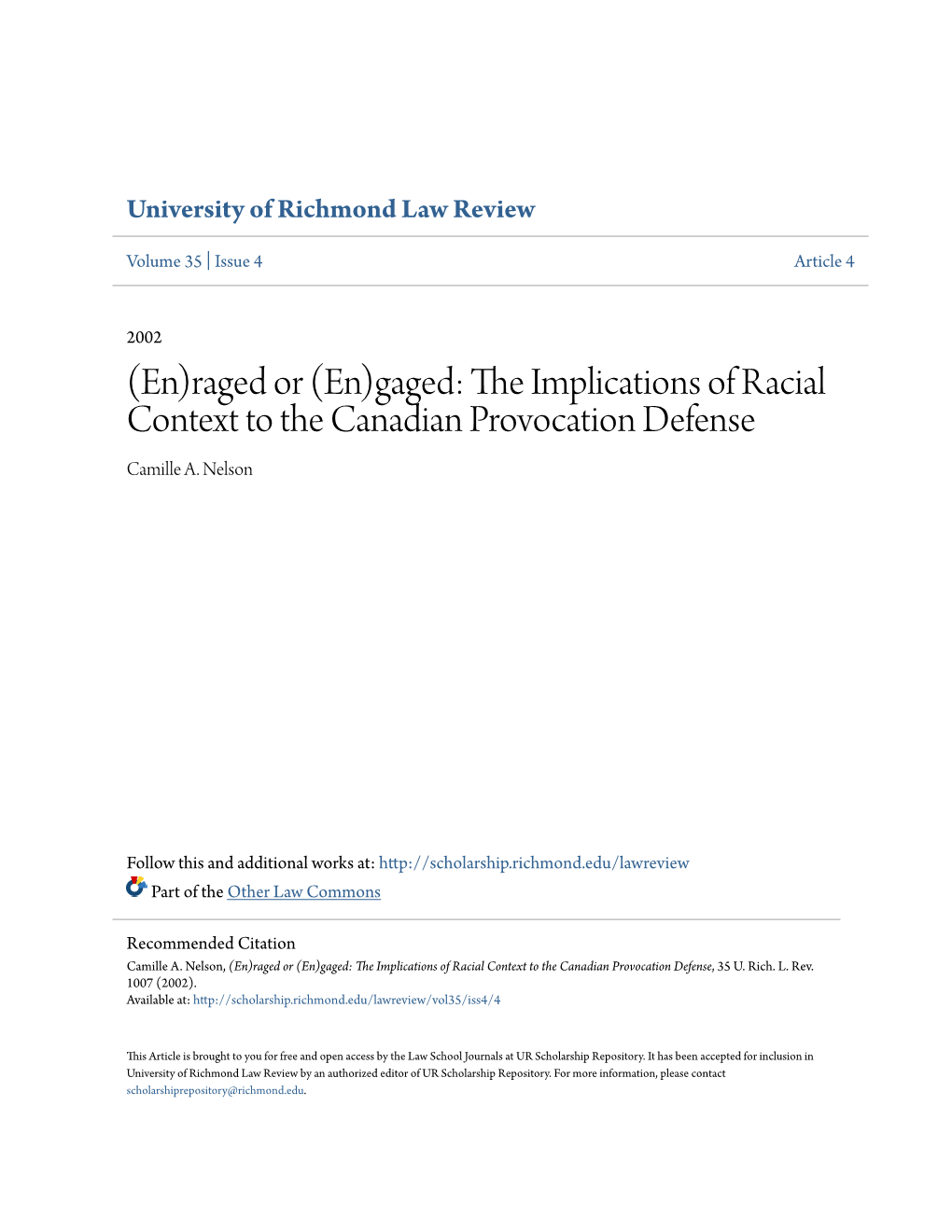 The Implications of Racial Context to the Canadian Provocation Defense, 35 U