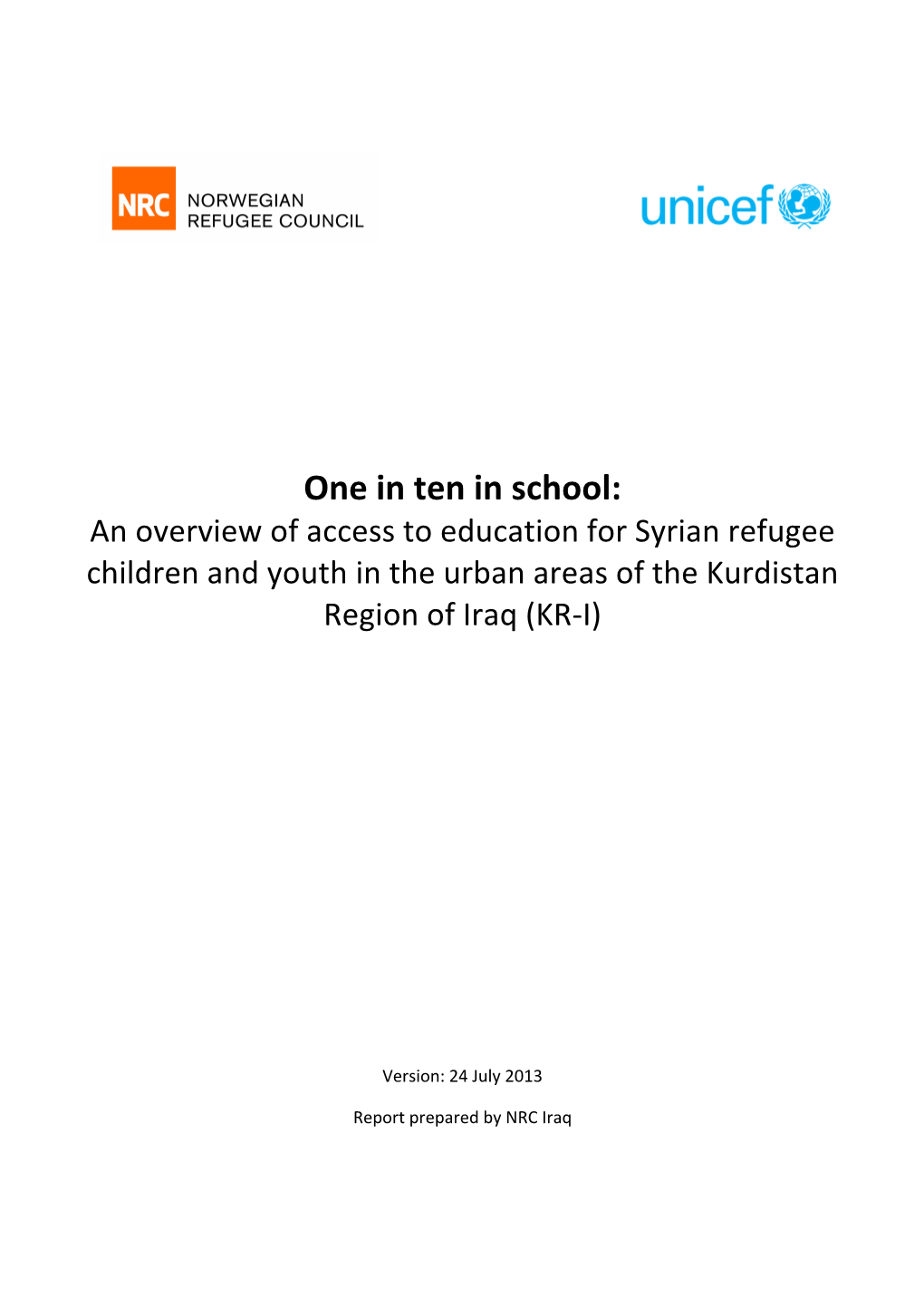 One in Ten in School: an Overview of Access to Education for Syrian Refugee Children and Youth in the Urban Areas of the Kurdistan Region of Iraq (KR-I)