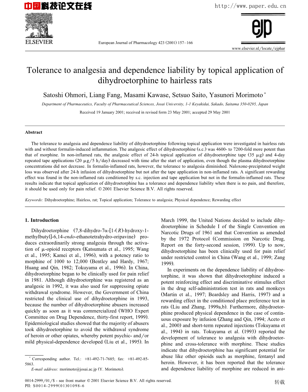Tolerance to Analgesia and Dependence Liability by Topical Application of Dihydroetorphine to Hairless Rats