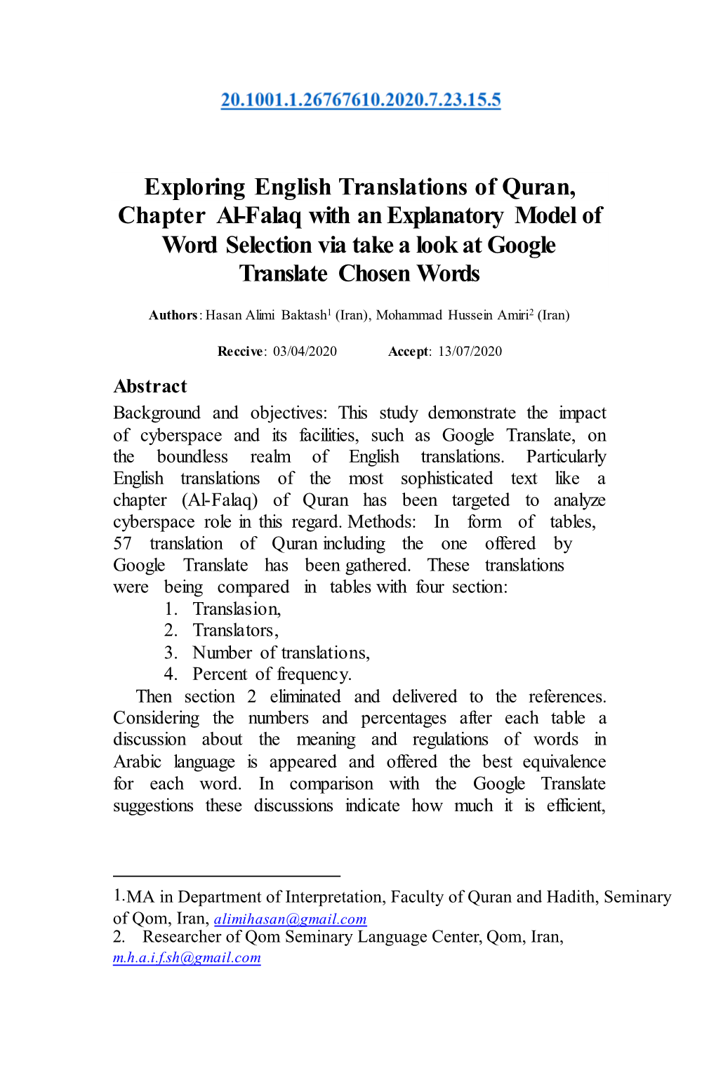 Exploring English Translations of Quran, Chapter Al-Falaq with an Explanatory Model of Word Selection Via Take a Look at Google Translate Chosen Words