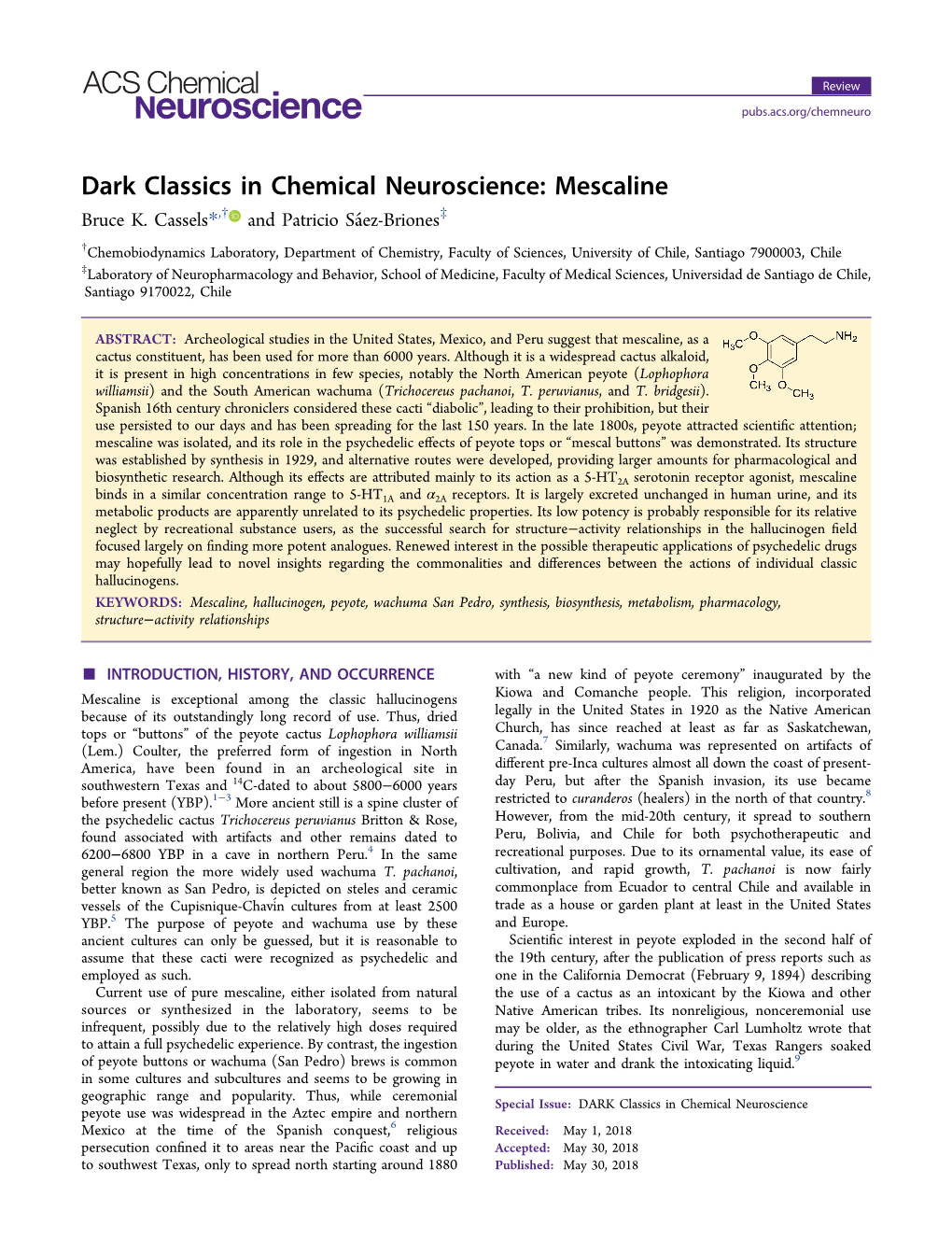 Dark Classics in Chemical Neuroscience: Mescaline Bruce K