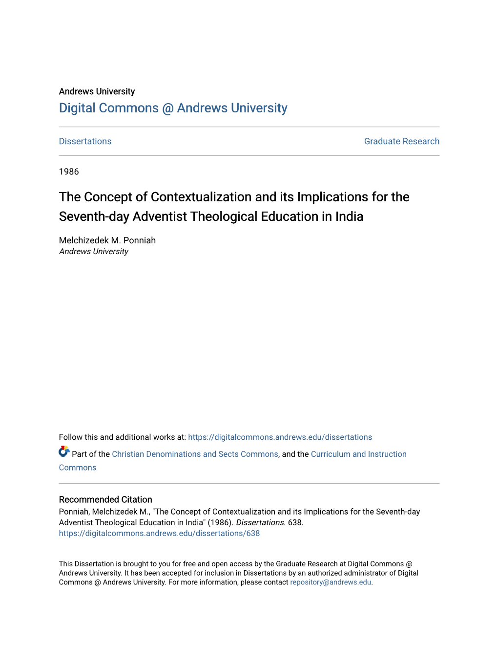 The Concept of Contextualization and Its Implications for the Seventh-Day Adventist Theological Education in India