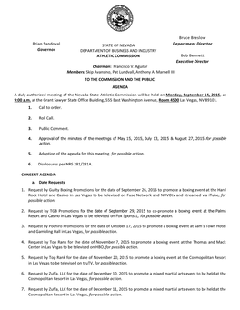 Brian Sandoval Governor STATE of NEVADA DEPARTMENT of BUSINESS and INDUSTRY ATHLETIC COMMISSION Bruce Breslow Department D