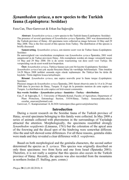 Synanthedon Syriaca, a New Species to the Turkish Fauna (Lepidoptera: Sesiidae)