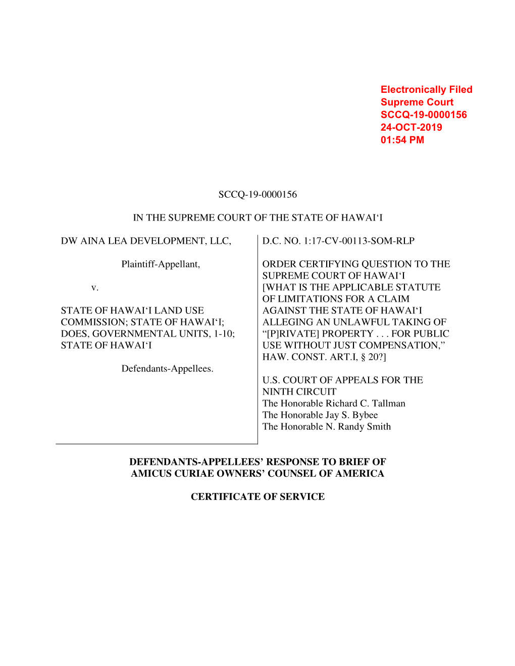 Electronically Filed Supreme Court SCCQ-19-0000156 24-OCT-2019 01:54 PM