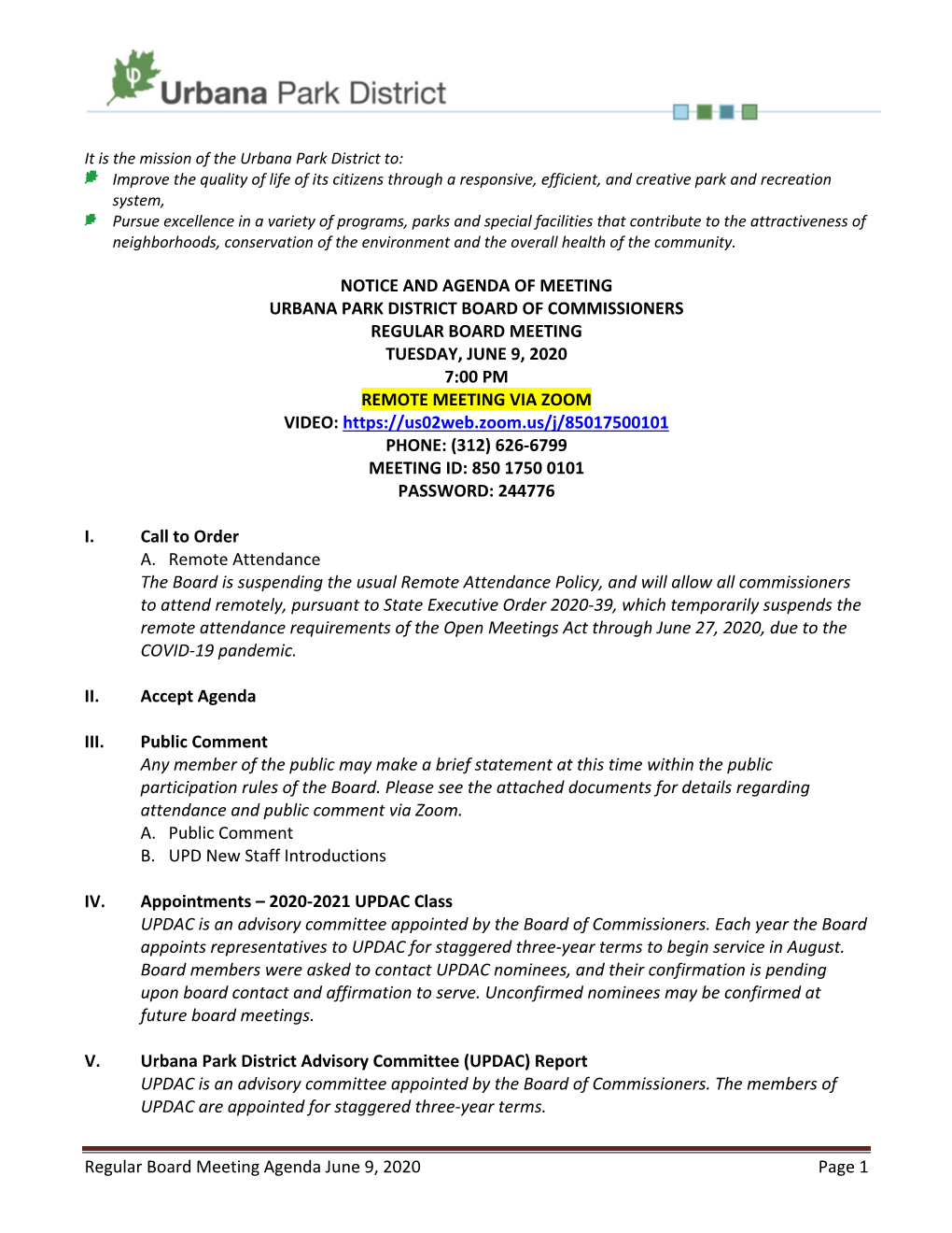 Regular Board Meeting Agenda June 9, 2020 Page 1 NOTICE AND