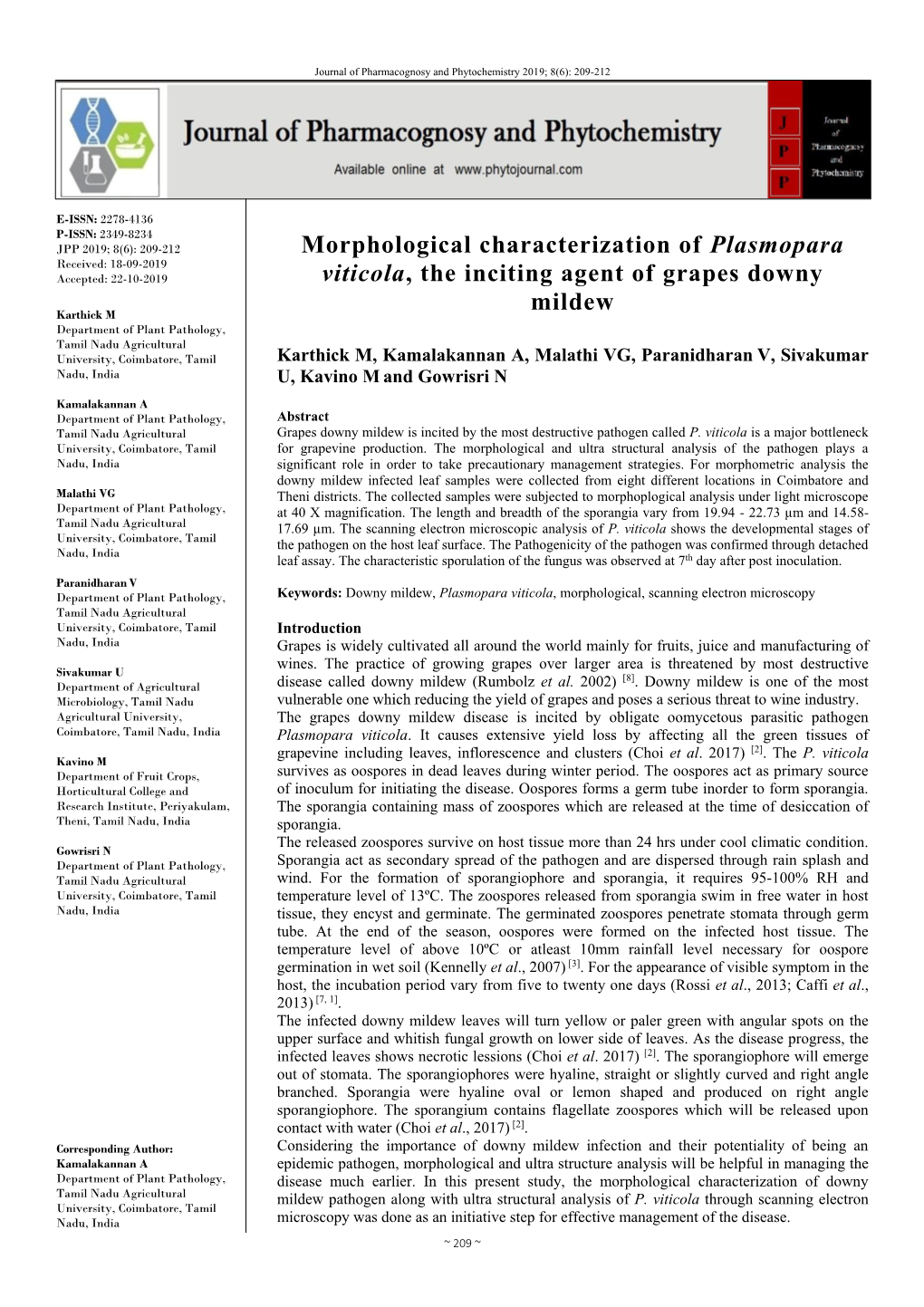 Morphological Characterization of Plasmopara Viticola, the Inciting