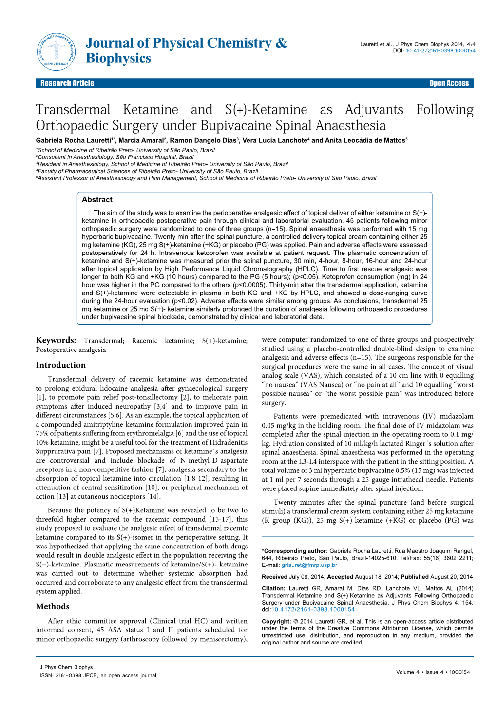 Transdermal Ketamine and S(+)