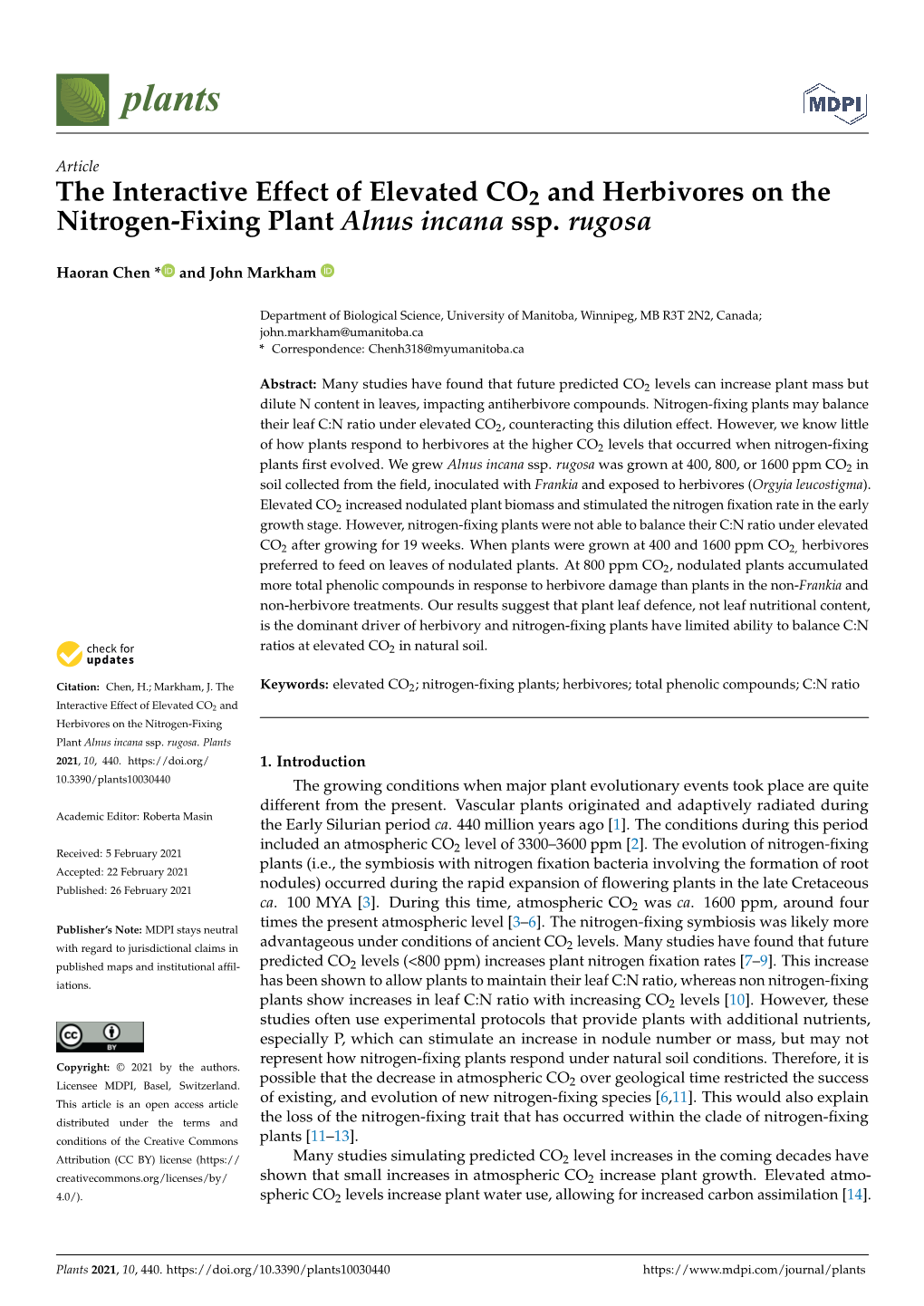 The Interactive Effect of Elevated CO2 and Herbivores on the Nitrogen-Fixing Plant Alnus Incana Ssp