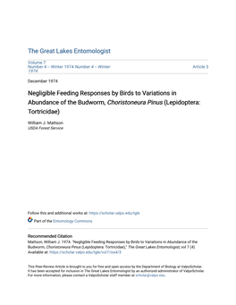 Negligible Feeding Responses by Birds to Variations in Abundance of the Budworm, Choristoneura Pinus (Lepidoptera: Tortricidae)