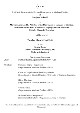 The Public Defense of the Doctoral Dissertation in Medieval Studies of Marijana Vuković