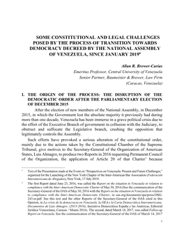 Some Constitutional and Legal Challenges Posed by the Process of Transition Towards Democracy Decreed by the National Assembly of Venezuela, Since January 2019