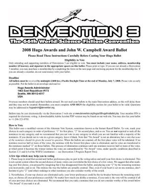 2008 Hugo Awards and John W. Campbell Award Ballot
